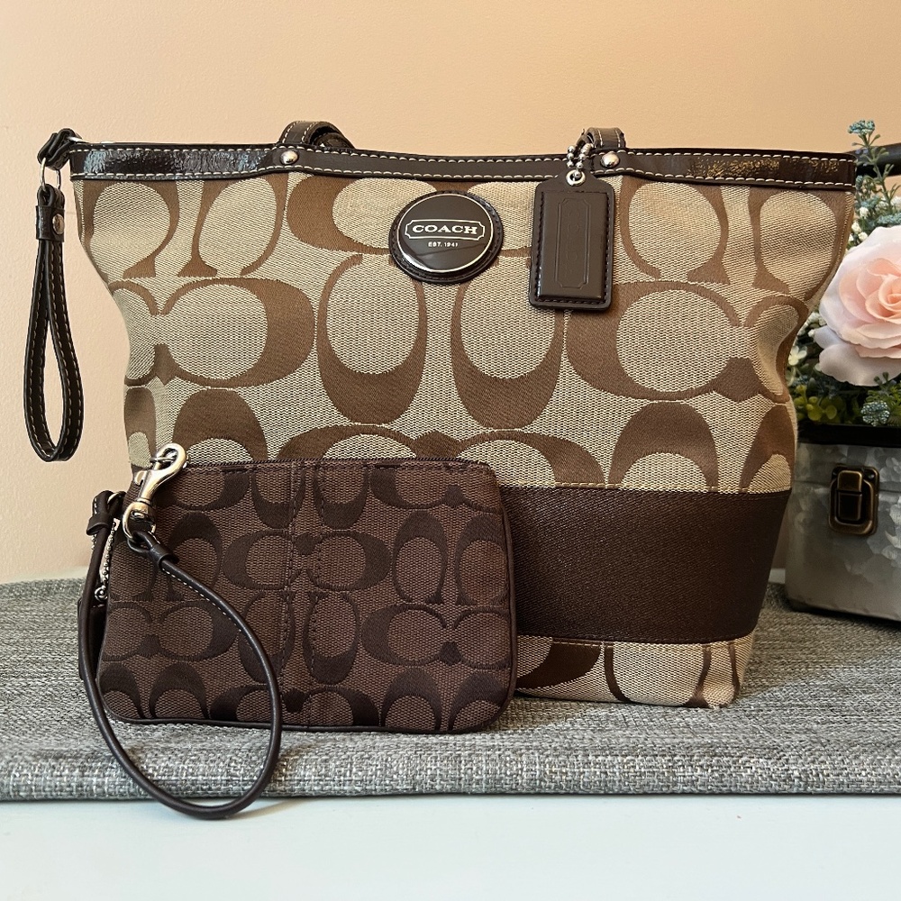 Coach Signature Stripe Tote Shoulder Handbag with Small Wristlet